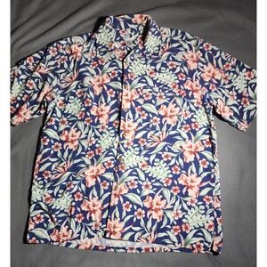 Modern Images Shirt Men Large Blue Floral Button Down Short Sleeve 100% Linen